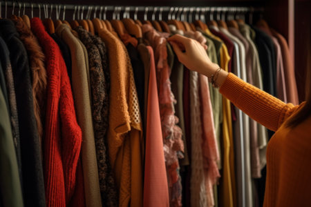 Closeup unrecognizable woman picking clothes from wardrobe, choosing what to wear.の素材