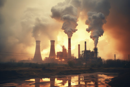 Industrial factory pollution, smokestack exhaust gases, bad atmosphere.の素材