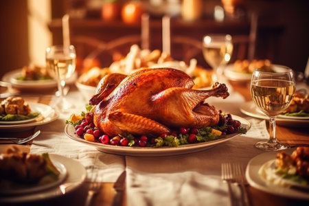 Stock photo of a Thanksgiving turkey on a dinner table.の素材