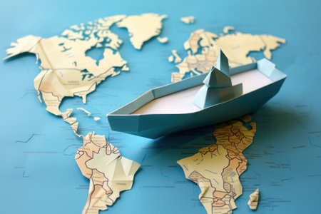 Paper boat on the world map paper, travel concept.の素材