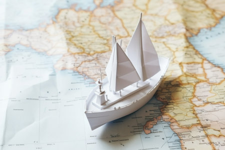 Paper boat on the world map paper, travel concept.の素材