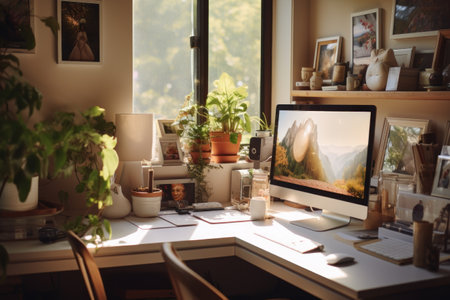 A modern work space desk with a computer Generative AI.の素材
