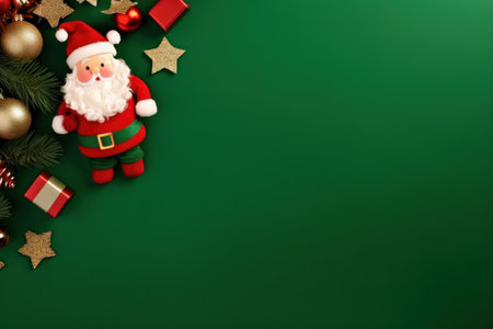 Top view of composition with Christmas decorations and copy space on green background.の素材