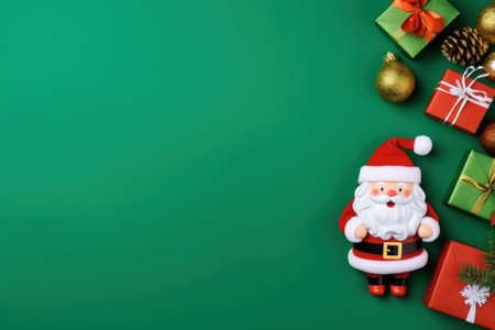 Top view of composition with Christmas decorations and copy space on green background.の素材