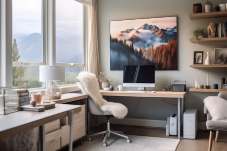 A modern work space desk with a computer Generative AI.の素材