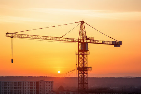 a crane at a construction site, a modern urban scene under construction, AI Generative.の素材