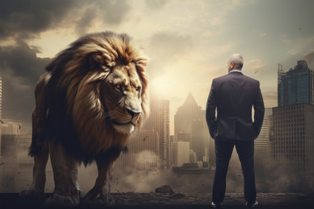 Resilient Business man Facing an Old Lion, AI Generative.の素材
