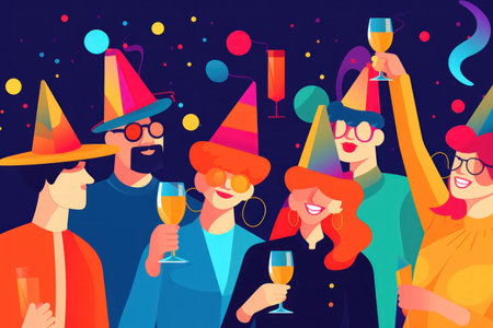 a diverse people wearing colorful party hats Celebrate new year party, illustration.の素材