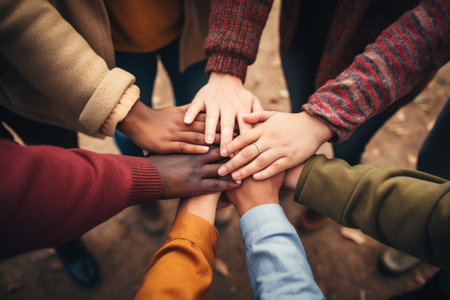 No room for racism, Many hands of different races and ethnicities. United for equality.の素材