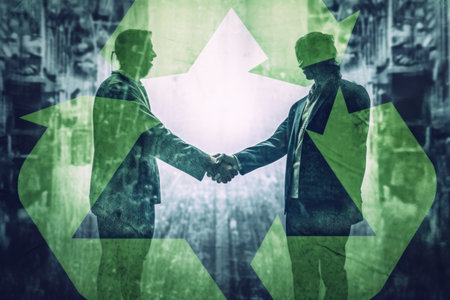 Partners shaking hands and recycling symbol, double exposure, Recycle Concept.の素材