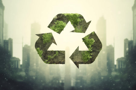 Partners shaking hands and recycling symbol, double exposure, Recycle Concept.の素材