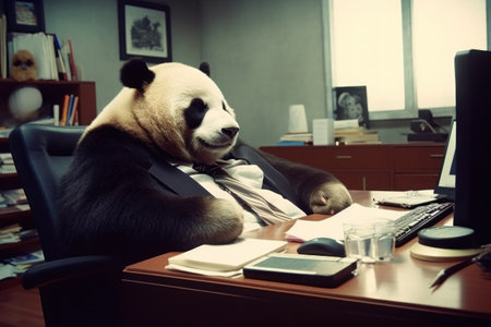 Photo Panda being lazy in the office, Generative AI.の素材