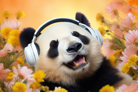 photography of a happy and relaxed big Panda with closed Eyes wearing Headphones, AI Generative.の素材