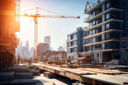 a crane at a construction site, a modern urban scene under construction, AI Generative.の素材