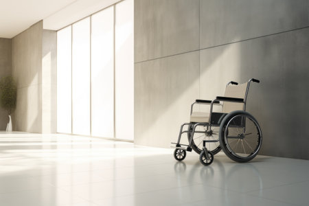 Wheelchair in the hospital with light copy space on left area.の素材
