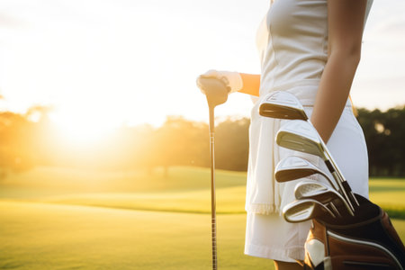 Golfer and Golf Stick Bag over green field background.の素材