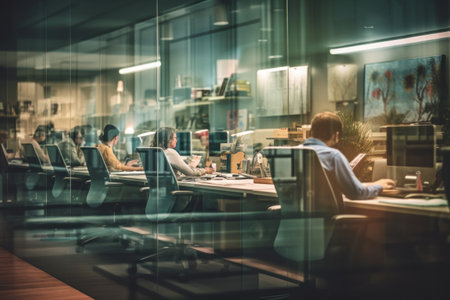 Blurred office interior space background with people working and meeting on desk, Business concept..の素材