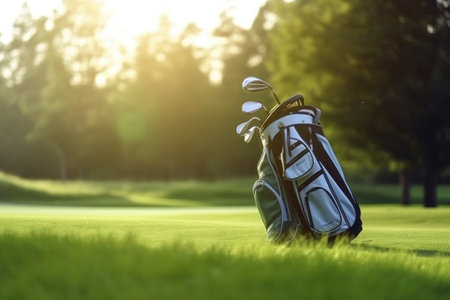 Golfer and Golf Stick Bag over green field background.の素材