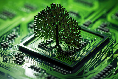 Tree growing on the converging point of computer circuit board, Green technology. AI Generative.の素材