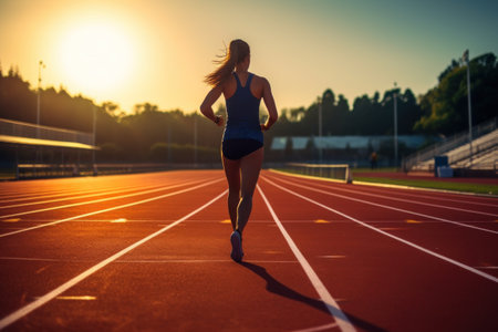 photo of a silhouette athlete person running on the track. Generative AI.の素材