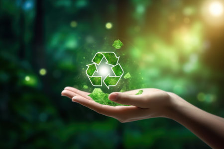 Hand of human touching the recycling symbol with environment icon, sustainable environment concept.の素材