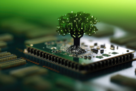Tree growing on the converging point of computer circuit board, Green technology. AI Generative.の素材