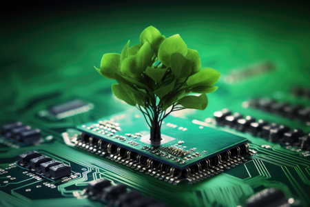 Tree growing on the converging point of computer circuit board, Green technology. AI Generative.の素材