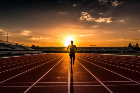 photo of a silhouette athlete person running on the track. Generative AI.の素材