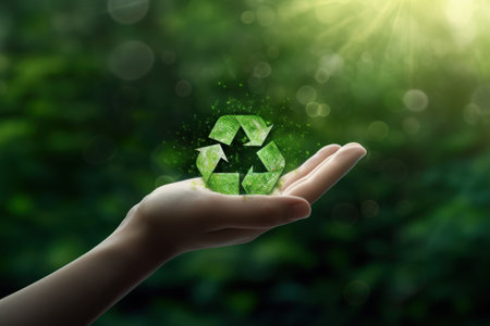 Hand of human touching the recycling symbol with environment icon, sustainable environment concept.の素材