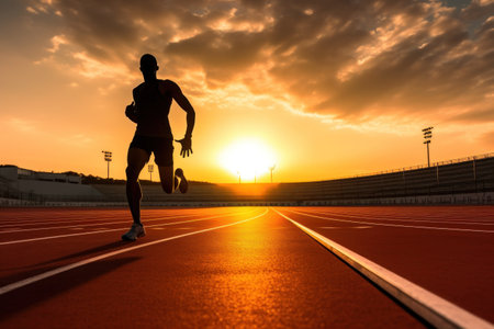 photo of a silhouette athlete person running on the track. Generative AI.の素材