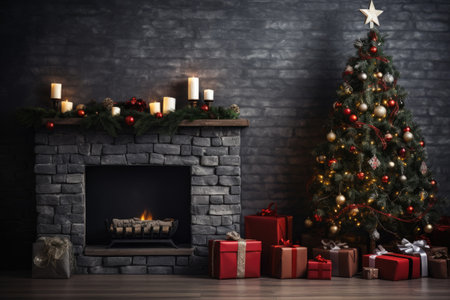 Beautiful Christmas tree in decorated living room. Festive interior.の素材