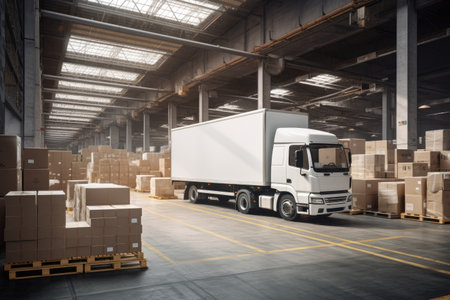 Delivery truck at warehouse for advertising, Delivery Van, Outside of Logistics Retailer Warehouse.の素材