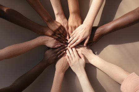 No room for racism, Many hands of different races and ethnicities. United for equality.の素材