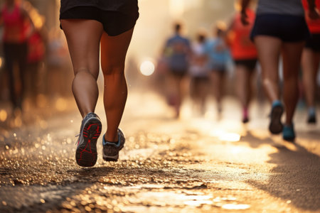 Marathon running in the light of evening, running on city road detail on legs, Athletes.の素材