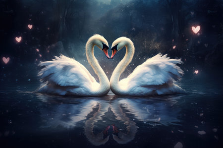 two beautiful swans on a lake shape heart, romantic swan during valentine's day, AI Generative.の素材