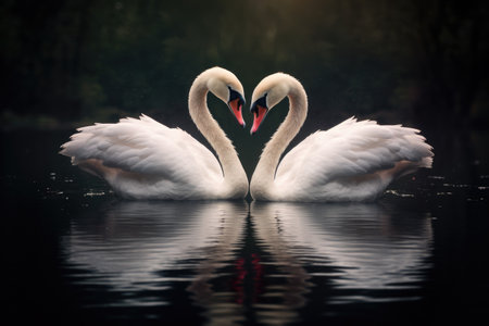 two beautiful swans on a lake shape heart, romantic swan during valentine's day, AI Generative.の素材