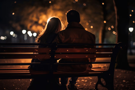 Couple in love sitting on a park bench, Romantic, holding hand, at night, AI Generative.の素材