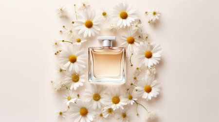 Mockup Perfume bottle with flower minimalism texture photography, Showcase Product, AI Generative.の素材
