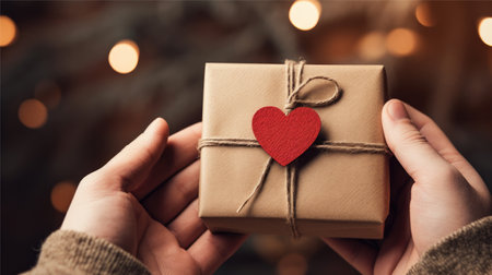 A hand holding a valentine gift tag, Romantic gift surprise, Valentines day, AI Generative.の素材