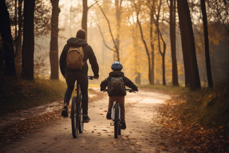 Rear view of a boy riding a bicycle whit his father next to him. AI Generative.の素材