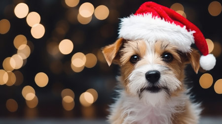 Adorable Dog Wearing a Santa Hat and Scarf, Christmas, bokeh, AI Generative.の素材