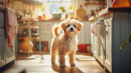 Portrait of Adorable Dog on the floor in modern room, AI Generative.の素材