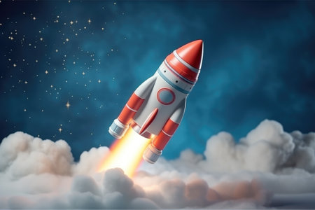 Space rocket toy which takes off in diagonal with smoke and clouds, 3D illustration, AI Generative.の素材