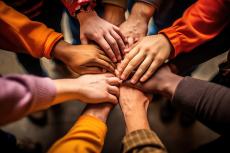 Many hands of different races and ethnicities. United for equality, team work, no room for racism.の素材
