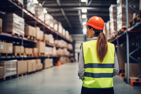 Photo of women in large warehouse taking inventory with tablet, AI Generative.の素材