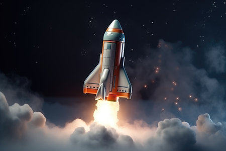 Space rocket toy which takes off in diagonal with smoke and clouds, 3D illustration, AI Generative.の素材