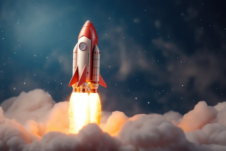 Space rocket toy which takes off in diagonal with smoke and clouds, 3D illustration, AI Generative.の素材