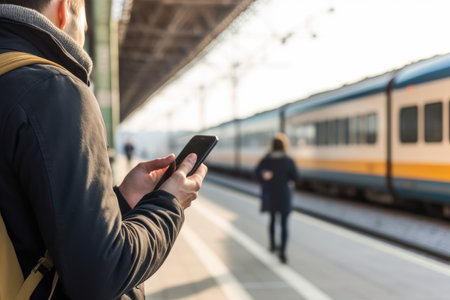 Focus Hand of human using mobile phone at railway station, AI Generative.の素材