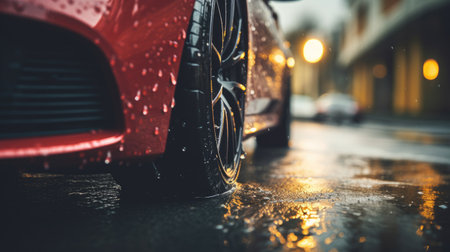Car wet, A car in the rain the focus is on the tires, Close-up of car tires on wet, AI Generative.の素材
