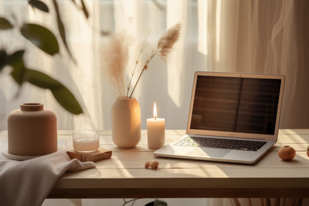 Desk interior style minimal pastel desk with vase and laptop, AI Generative.の素材